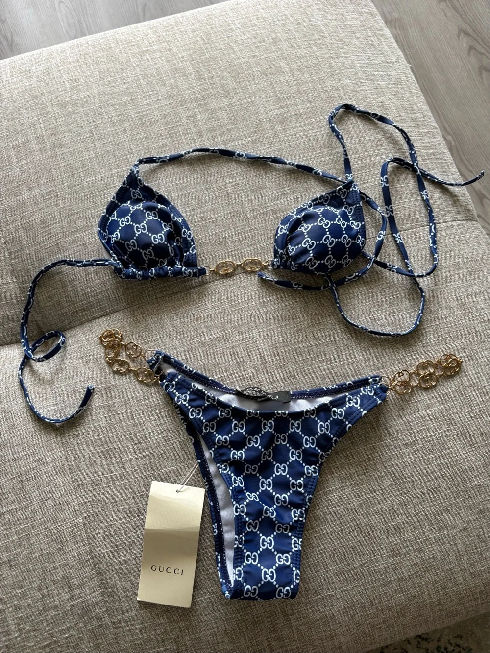 Gucci Blue GG Logo Triangle Bikini with Gold Chain Links